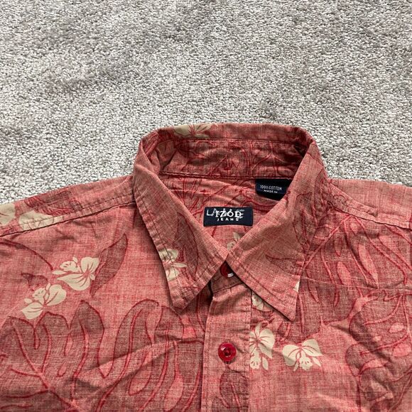 Izod Jeans Hawaiian Shirt Mens Large Red Floral Short Sleeve Button Down Cotton - Picture 4 of 11